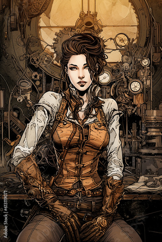 Steampunk Woman Comic Book Graphic Novel Style. Generative AI. A digital illustration of a steampunk woman in the graphic novel art style. 