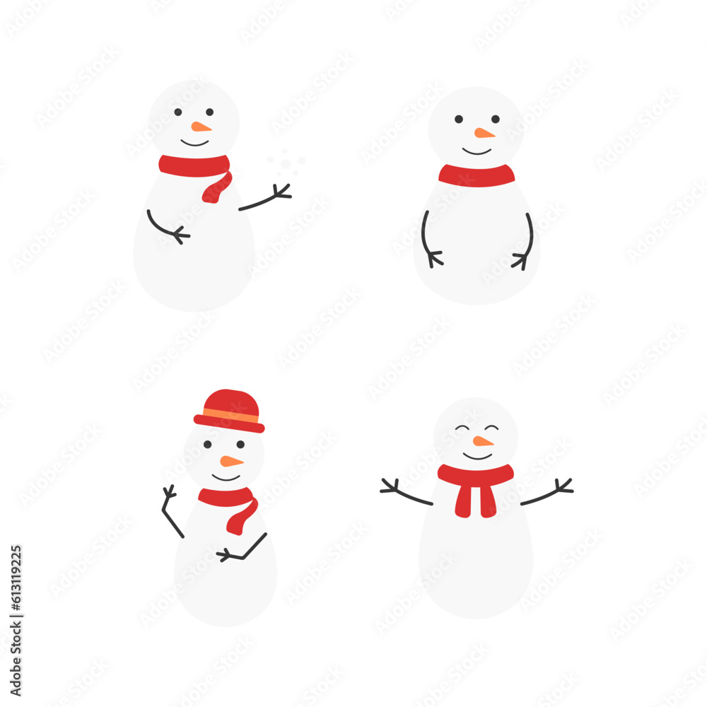 Winter snowmen set. Cheerful snowmen in different costumes. Vector design illustration.