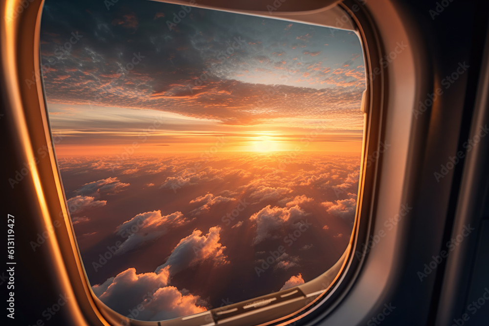 view from an airplane window at sunset. Generative AI