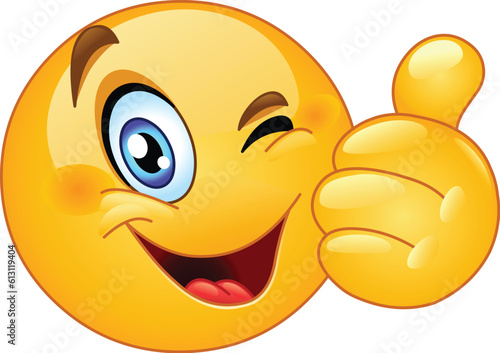 Happy emoji emoticon winking and showing thumb up, like gesture