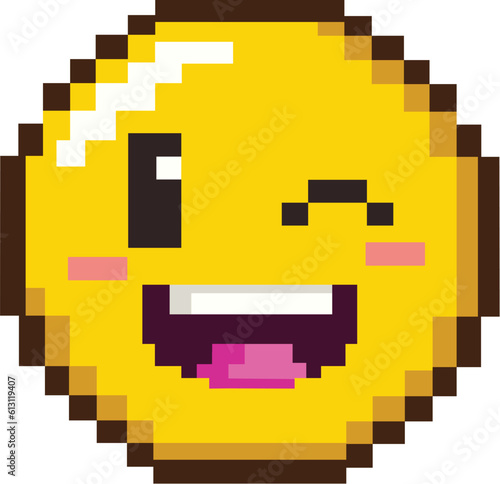8bit pixel art of a happy emoji emoticon winking
