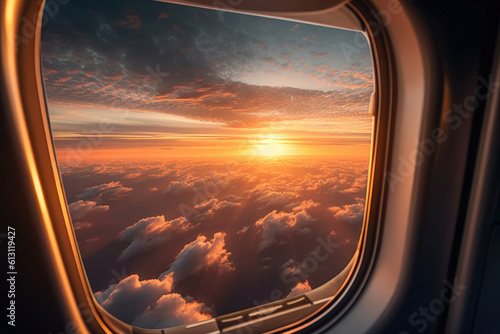 view from an airplane window at sunset. Generative AI