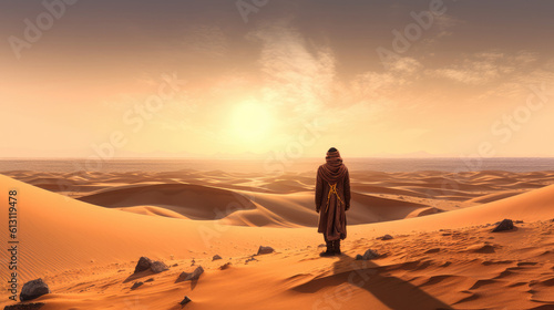 desert landscape at sunset with a person on his back. Generative AI © Miquel