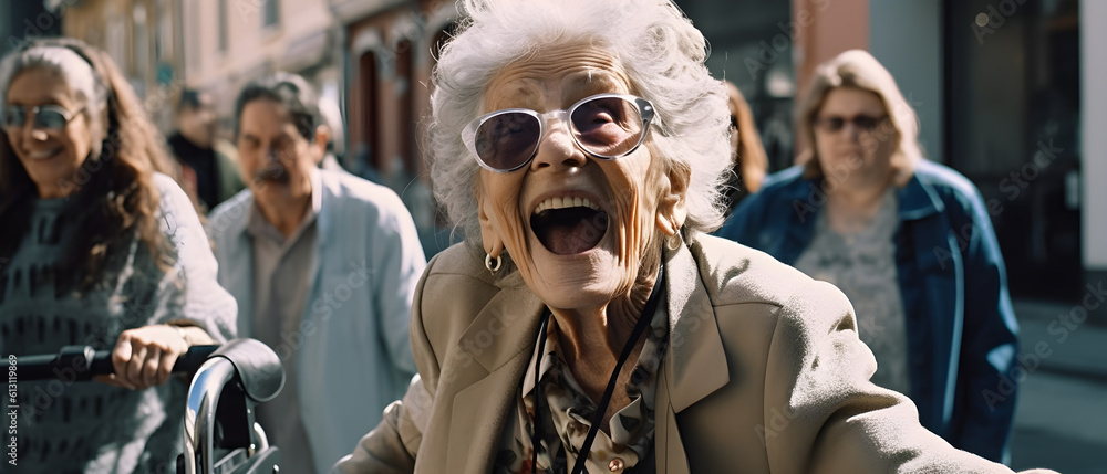 Cheerful elderly screaming grandma, Generative AI Illustration