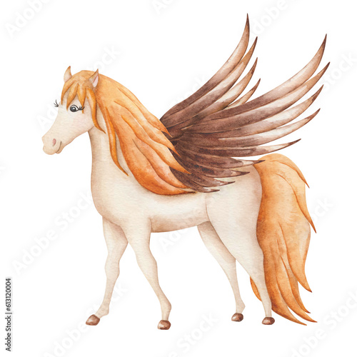 Watercolor illustration. Hand painted beige pegasus horse with brown wings and yellow  golden tail and mane. Mare  stallion  foal. Cartoon mythological animal. Isolated clip art for posters  patterns
