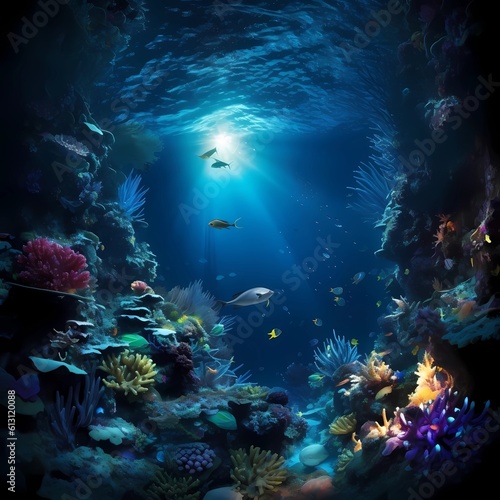 Dive into mesmerizing ocean depths and encounter the breathtaking beauty that lies beneath. Explore vibrant marine life and captivating seascapes in this awe-inspiring image. AI-Generated © Ahmad