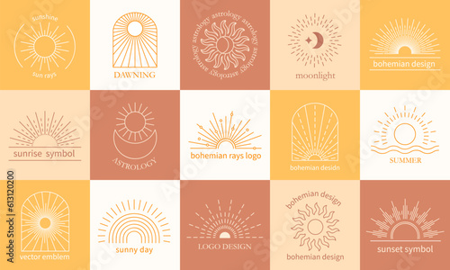 Bohemian rays badges. Boho sunburst motifs emblems, celestial moon and mystical sunset sun vector template set