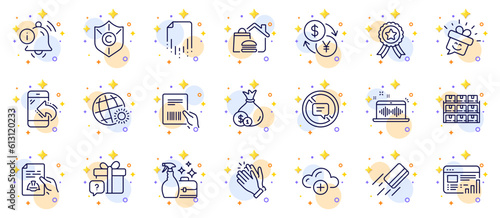 Outline set of Currency exchange, Food delivery and Music making line icons for web app. Include Boxes shelf, Smile, Parcel invoice pictogram icons. Clapping hands, Stop talking, Cash signs. Vector