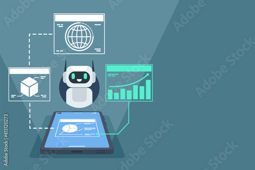 Chatbot assistant application on a smartphone computer. Artificial intelligence help service for management business data. Chat bot by ai. Vector illustration flat design for banner, and background.