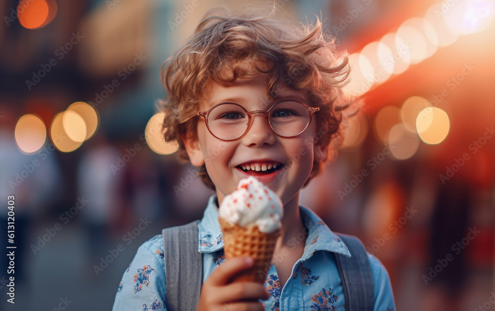 A happy, smiling little boy enjoys an ice cream cone on a summer day - ai generative A happy, smiling little boy enjoys an ice cream cone on a summer day - ai generative
