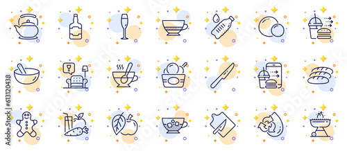 Outline set of Recycle water, Cooking mix and Champagne glass line icons for web app. Include Table knife, Teapot, Lounge pictogram icons. Food delivery, Juice, Food order signs. Vector