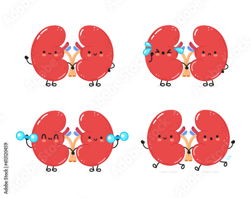 Funny kidneys organ characters bundle set. Vector hand drawn doodle style cartoon character illustration icon design. Cute kidneys organ mascot character collection