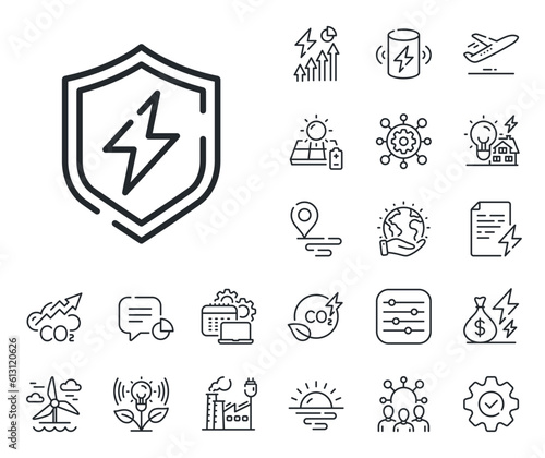 Electric energy shield sign. Energy, Co2 exhaust and solar panel outline icons. Power safety line icon. Lightning bolt symbol. Power safety line sign. Eco electric or wind power icon. Vector