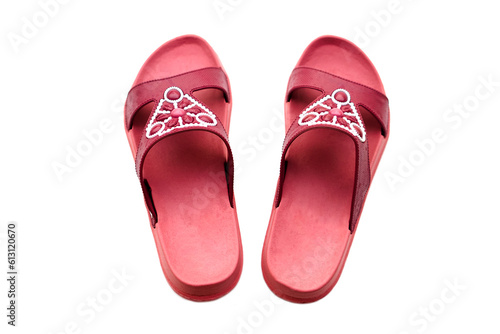 Pairs of rubber slippers, sandals, shoes for easy day wearing and walking, isolated on white background. Concept, fashion shoes for woman, light and comfortable.       © Sanhanat
