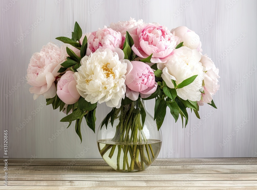 Vase with beautiful peony flowers on table. Created with Generative AI technology.