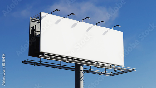 Blank outdoor billboard on blue sky background 8K high quality resolution. 3D realistic illustration of a large billboard  photo