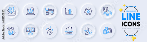 Inspect, Wallet and Diagram graph line icons for web app. Pack of Account, Bitcoin, Money bag pictogram icons. Deflation, Credit card, Inflation signs. Loyalty points, Stress grows, Cut tax. Vector