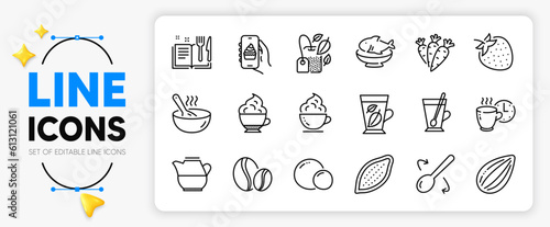 Cook, Tea mug and Coffee cup line icons set for app include Food app, Coffee break, Strawberry outline thin icon. Recipe book, Milk jug, Seafood pictogram icon. Cappuccino cream, Carrots. Vector