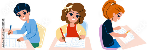 kid writing vector. child education, book student, study write, happy young, girl little kid writing character. people flat cartoon illustration