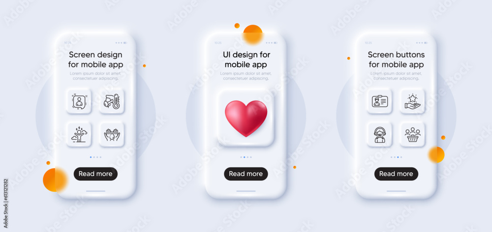 Buyers, Support and Loyalty program line icons pack. 3d phone mockups with heart. Glass smartphone screen. Wash hands, Developers chat, Sick man web icon. Vector Buyers, Support and Loyalty program line icons pack. 3d phone mockups with heart. Glass smartphone screen. Wash hands, Developers chat, Sick man web icon. Vector