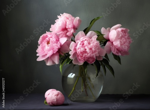 Vase with beautiful peony flowers on table. Created with Generative AI technology.
