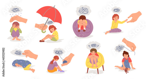 Children therapy. Kid support, cognitive and mental development. Child trauma and fears treatment vector illustration set