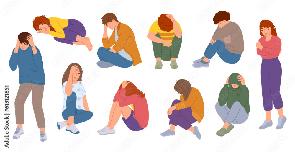 Young people suffer from anxiety. Depressive teenagers, headache pain and mental health vector illustration set
