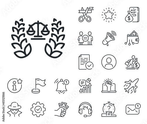 Judgement laurel wreath sign. Salaryman, gender equality and alert bell outline icons. Justice scales line icon. Legal law symbol. Justice scales line sign. Spy or profile placeholder icon. Vector