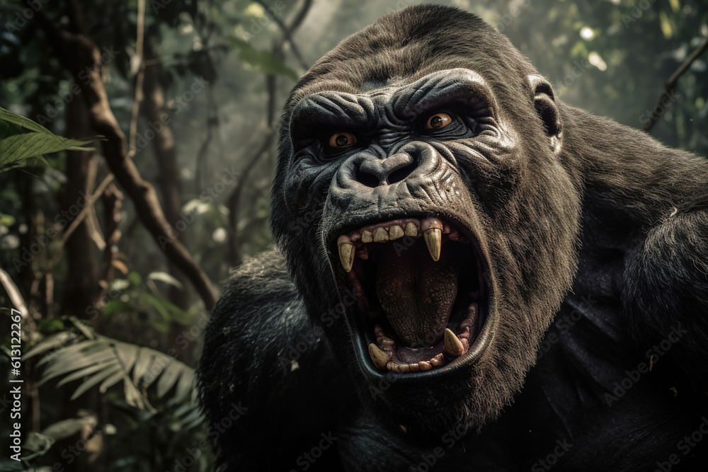 Close-up of screaming aggressive gorilla in jungle. Angry wild animal primate Generative AI illustration