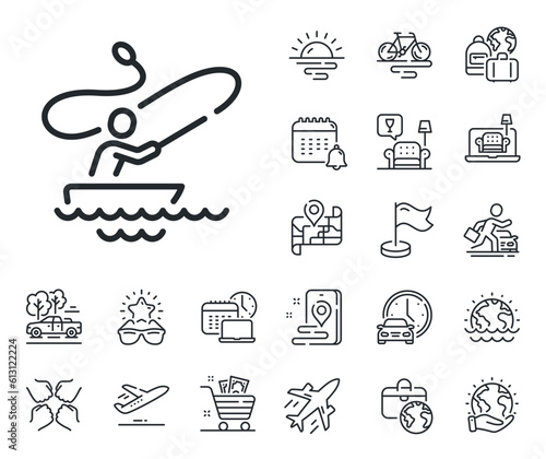 Fisherman with spinning rod sign. Plane jet, travel map and baggage claim outline icons. Boat fishing line icon. Catching fish symbol. Boat fishing line sign. Car rental, taxi transport icon. Vector