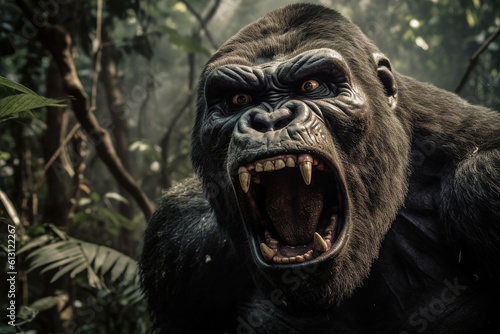 Close-up of screaming aggressive gorilla in jungle. Angry wild animal primate Generative AI illustration