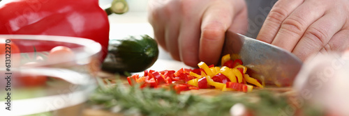 Cook cuts avegetable salad from fresh vegetables. Benefits of a vegetarian lifestyle concept photo