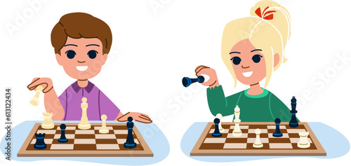 playing chess kid vector. play child, game boy, board sport, young competition, children girl playing chess kid character. people flat cartoon illustration
