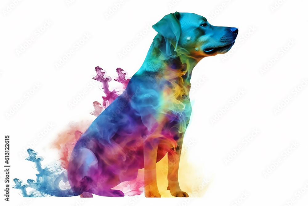 Very cute dog with colorful dust and smoke on white background