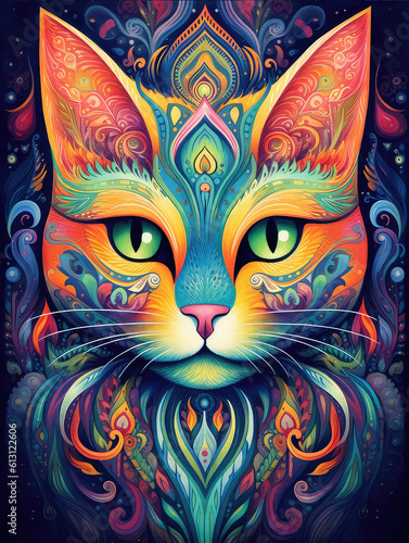 Beautiful bright colored image of a cat mandala