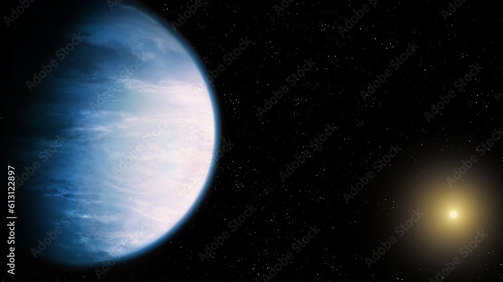 Blue planet illuminated by a star. Exoplanet with a thick atmosphere. Earth-like world in deep space.