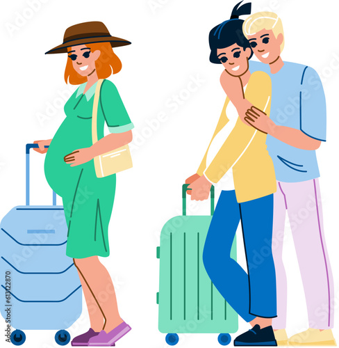 pregnancy travel vector. woman pregnant, belly baby, mother maternity, vacation expecting, female plane pregnancy travel character. people flat cartoon illustration