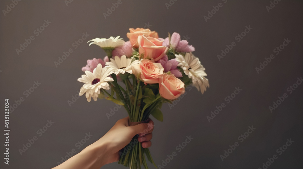 Hand holding a bouquet of flower, plain background, giving flowers, gifting, handing, mother's day, valentine's day, beautiful bouquet, made with Generative AI