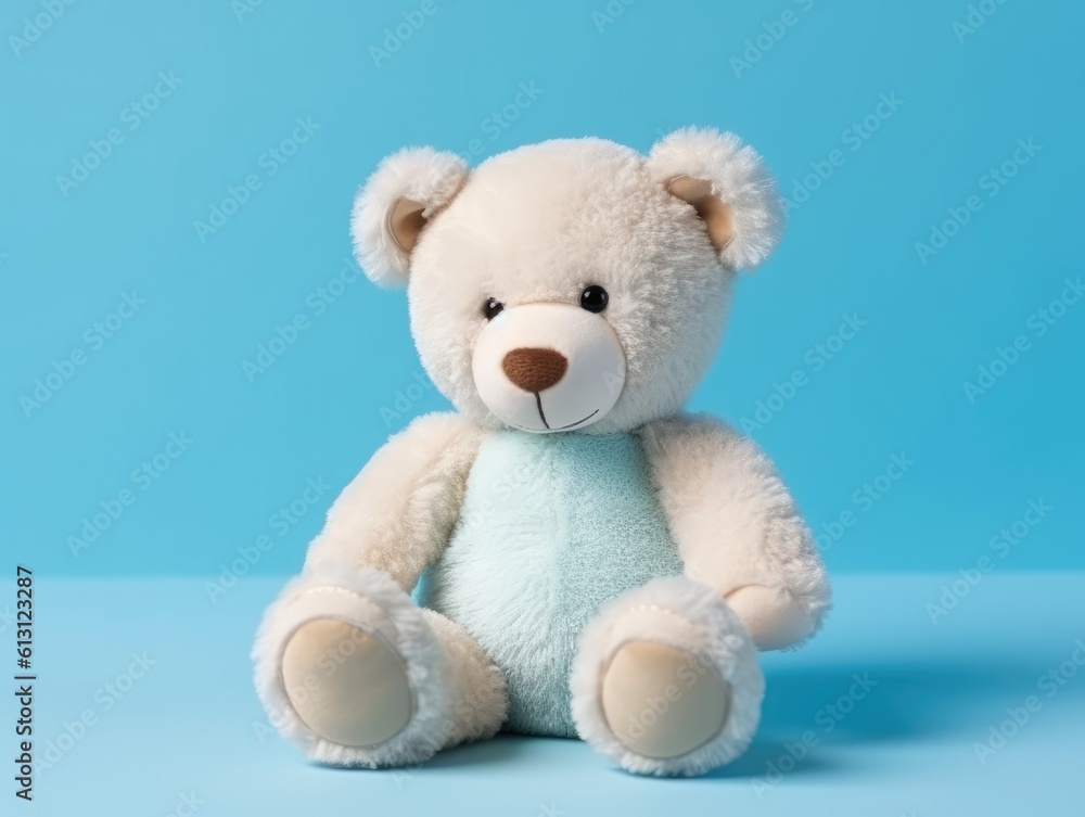 Teddy bear sitting on blue background with copy space for text. cuddly stuffed animal. Baby shower for newborn. generative AI Teddy bear sitting on blue background with copy space for text. cuddly stuffed animal. Baby shower for newborn. generative AI