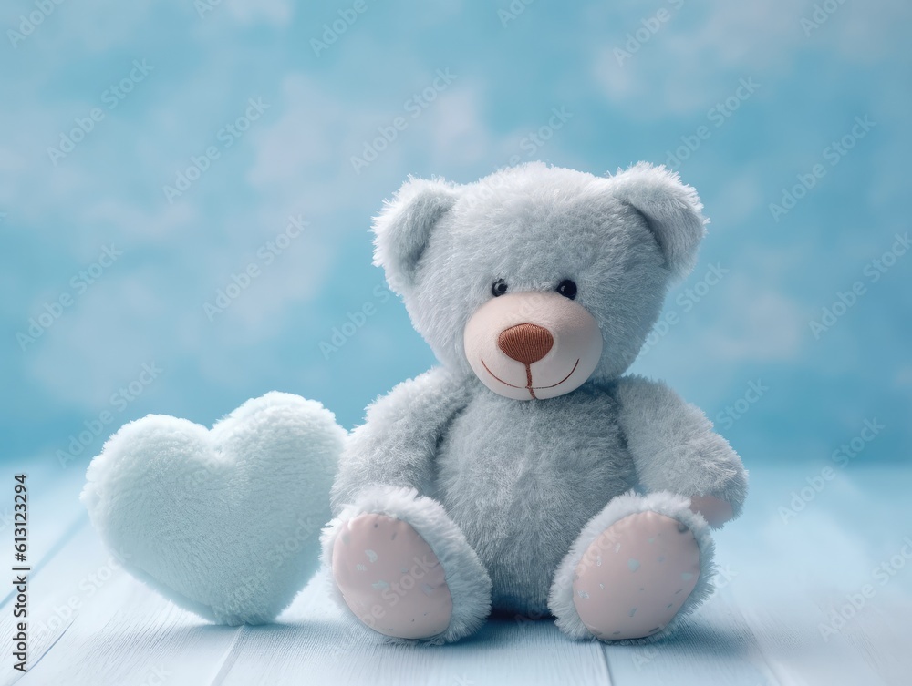 Teddy bear with heart on blue background. baby shower background. generative AI Teddy bear with heart on blue background. baby shower background. generative AI