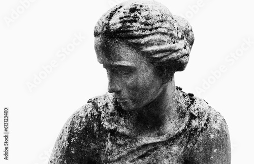 Statue of woman on tomb as a symbol of depression pain and sorrow. Horizontal image.