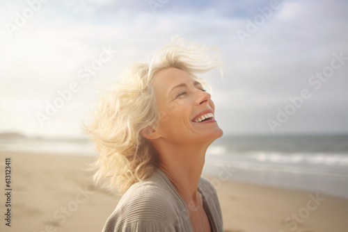 Illustration of mature senior woman on beach coast photo