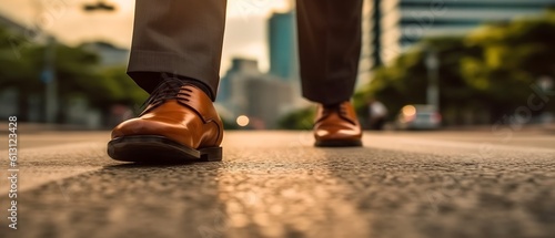 The businessman walks on the road and starts to succeed. Close-up of shoes walking, goal, and target concept. generative AI.