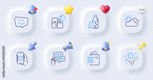 Water bottle, Bid offer and Qr code line icons. Buttons with 3d bell, chat speech, cursor. Pack of Fireworks, Puzzle, Sunny weather icon. 3d app, Smile face pictogram. For web app, printing. Vector