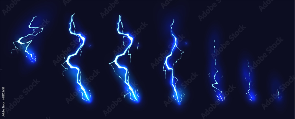 Cartoon lightning animation. Animated frames of electric strike, magic electricity hit and thunderbolt effect vector illustration set - obrazy, fototapety, plakaty 