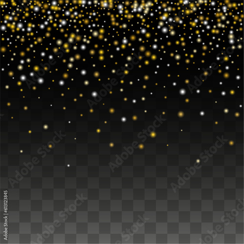 Gold Glitter Vector Texture on a Black. Golden Glow Pattern. Golden Christmas and New Year Snow. Golden Explosion of Confetti. Star Dust. Abstract Flicker Background with a Party Lights Design.