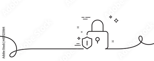 Lock line icon. Continuous one line with curl. Padlock protection sign. Security access shield. Lock single outline ribbon. Loop curve pattern. Vector