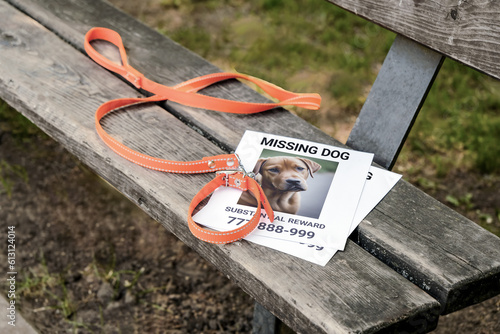 An orange collar with a leash and a flyer about a lost dog lie on a park bench. Lost dog. the concept of love for pets.