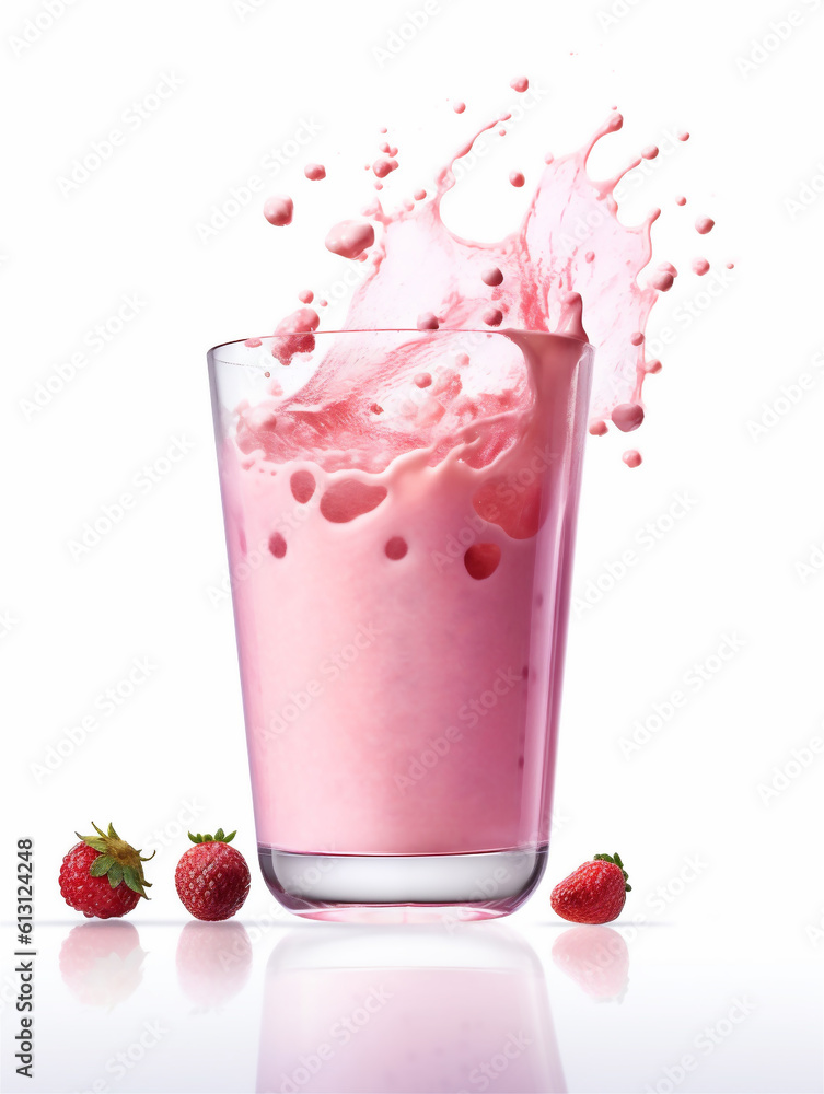 A glass of strawberries smoothie milkshake on white background, ai generated