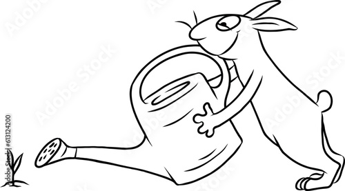 Cartoon Illustration von einem niedlichen Hasen bei der Gartenarbeit, der mit der Gießkanne eine grüne Pflanze für mehr Wachstum gießt